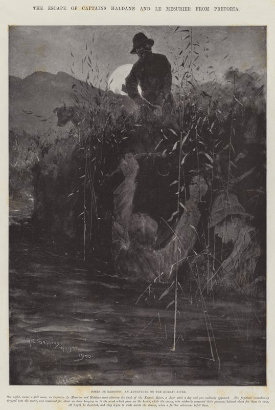 De ontsnapping van kapiteins Haldane en Le Mesurier uit Pretoria door Henry Charles Seppings Wright