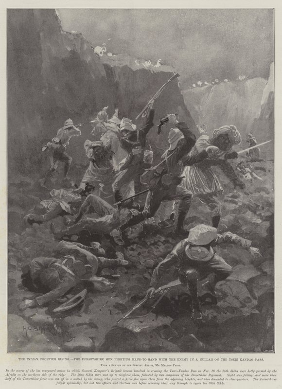 De opstand aan de Indiase grens, de mannen van Dorset vechten hand in hand met de vijand in een Nullah op de Tseri-Kandao-pas door Henry Charles Seppings Wright