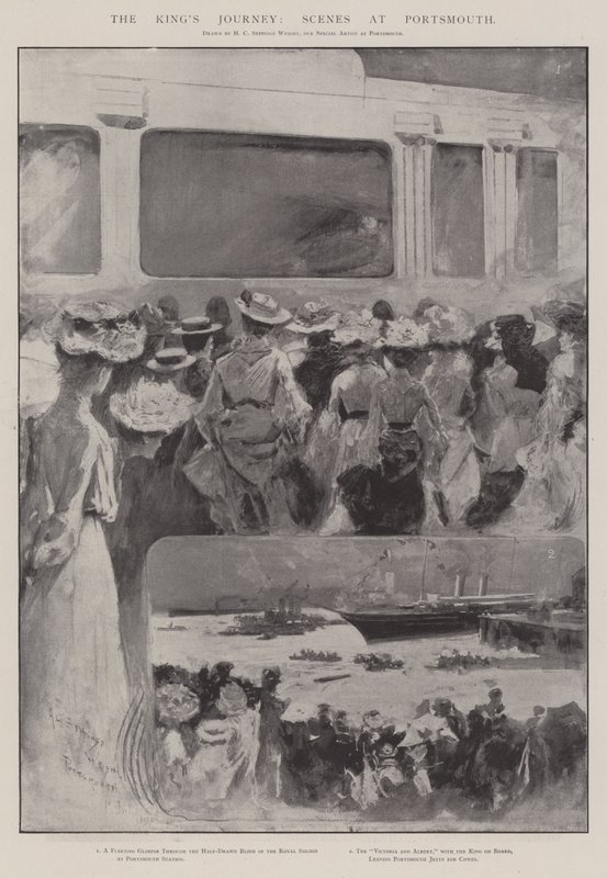De reis van de koning, scènes in Portsmouth door Henry Charles Seppings Wright