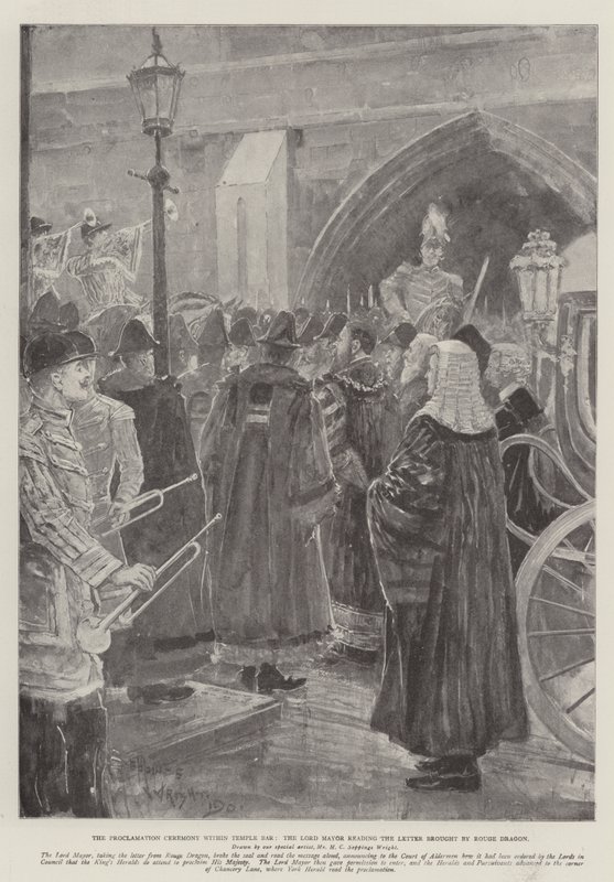 De proclamatieceremonie binnen Temple Bar, de burgemeester leest de brief voorgebracht door Rouge Dragon door Henry Charles Seppings Wright
