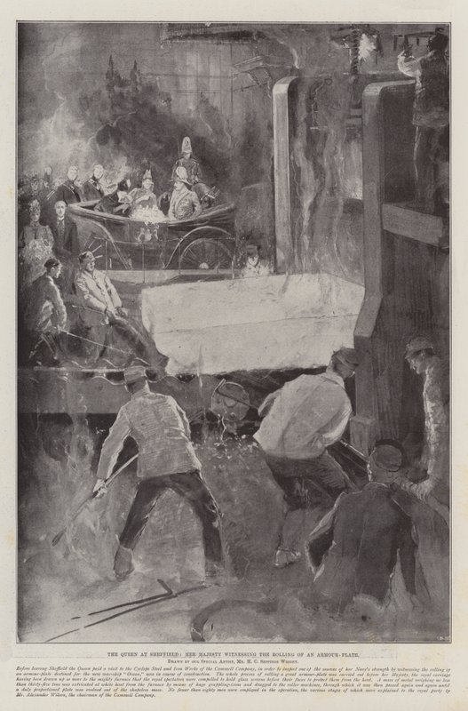 De Koningin in Sheffield, Hare Majesteit getuige van het Walsen van een Pantserplaat door Henry Charles Seppings Wright