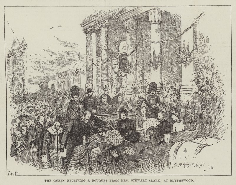 De koningin ontvangt een boeket van mevrouw Stewart Clark, in Blythswood door Henry Charles Seppings Wright