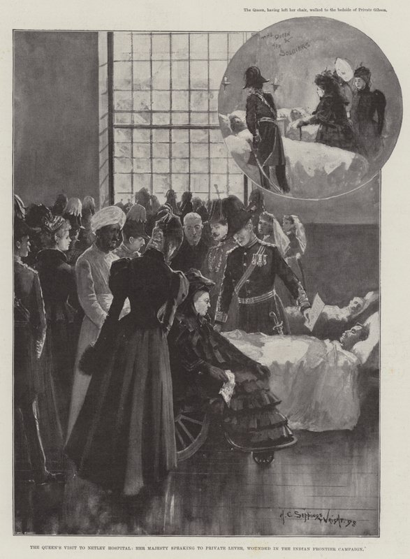 Het bezoek van de koningin aan Netley Hospital, Hare Majesteit spreekt met soldaat Lever, gewond in de Indiase Frontier-campagne door Henry Charles Seppings Wright