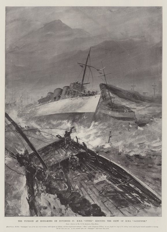 De Tyfoon in Hong-Kong op 10 november, HMS Otter redt de Bemanning van HMS Sandpiper door Henry Charles Seppings Wright