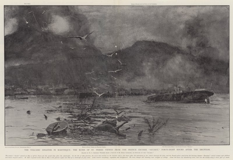 De Vulkanische Ramp in Martinique, de Ruïnes van St Pierre gezien vanaf de Franse Kruiser Suchet, achtenveertig uur na de Uitbarsting door Henry Charles Seppings Wright