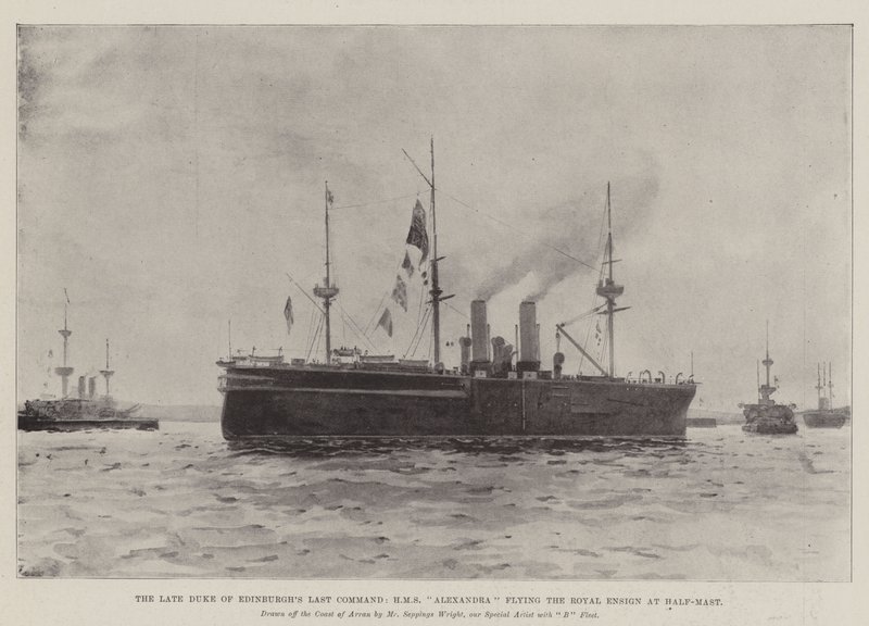 Het laatste bevel van de overleden hertog van Edinburgh, HMS Alexandra met de koninklijke vlag halfstok door Henry Charles Seppings Wright