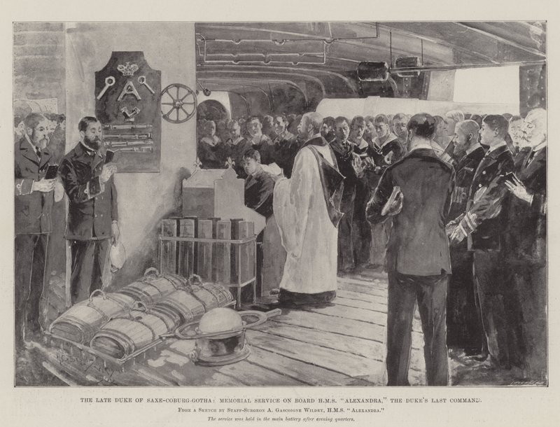 De overleden hertog van Saksen-Coburg-Gotha, herdenkingsdienst aan boord van HMS Alexandra, het laatste commando van de hertog door Henry Charles Seppings Wright