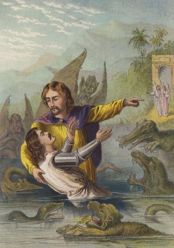 De rivier oversteken (chromolitho) door Henry Courtney Selous