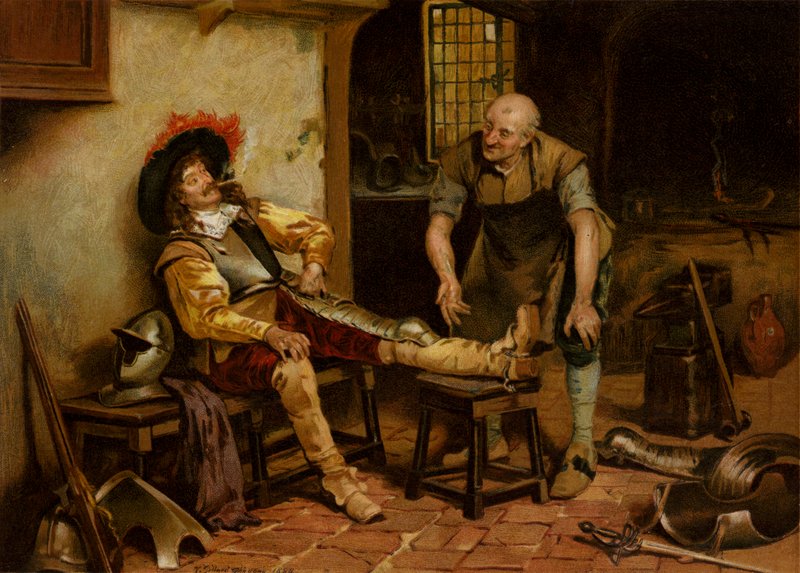Een prachtige pasvorm, een man die wordt uitgerust met harnas door Henry Gillard (after) Glindoni