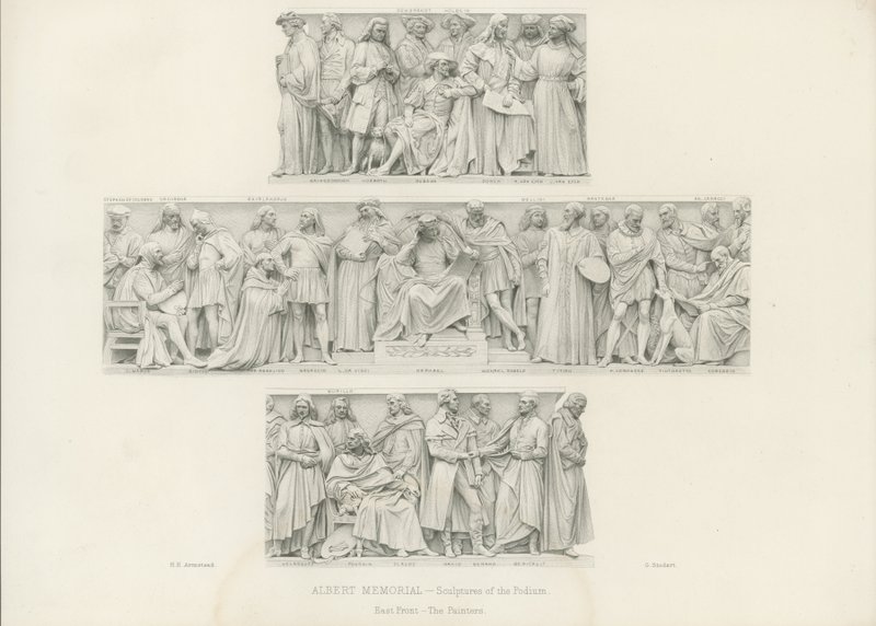 Beelden op het podium van het Albert Memorial door Henry Hugh Armstead