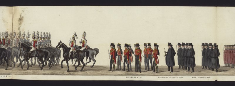 Deel van het panoramische uitzicht op de volledige begrafenisstoet van Arthur, hertog van Wellington door Henry Jr and Sala Alken