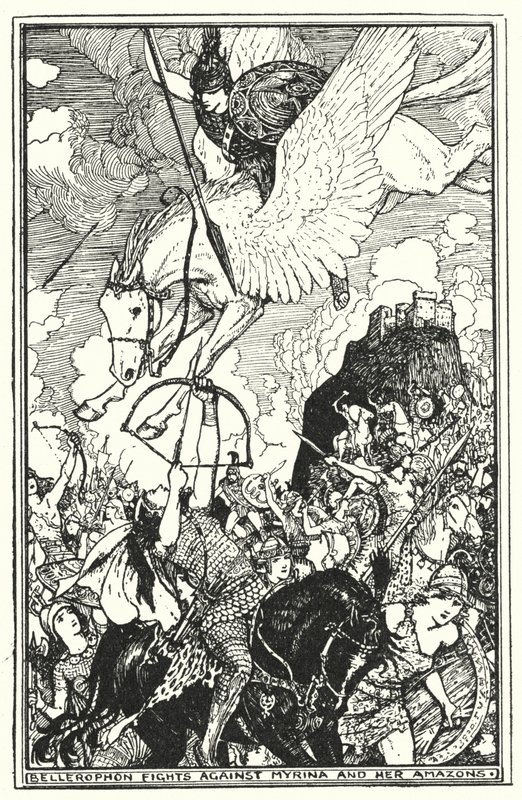 Bellerophon vecht tegen Myrina en haar Amazonen door Henry Justice Ford