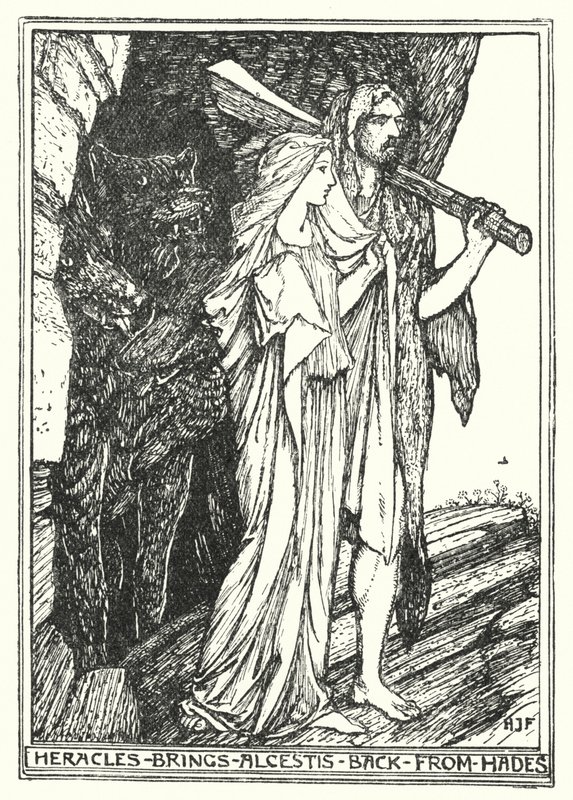 Heracles brengt Alcestis terug uit de Hades door Henry Justice Ford
