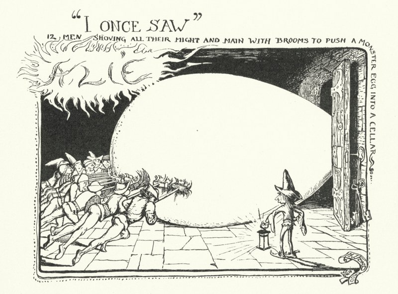 Ik zag eens 12 mannen met al hun kracht en macht met bezems een monster ei in een kelder duwen (gravure) door Henry Justice Ford