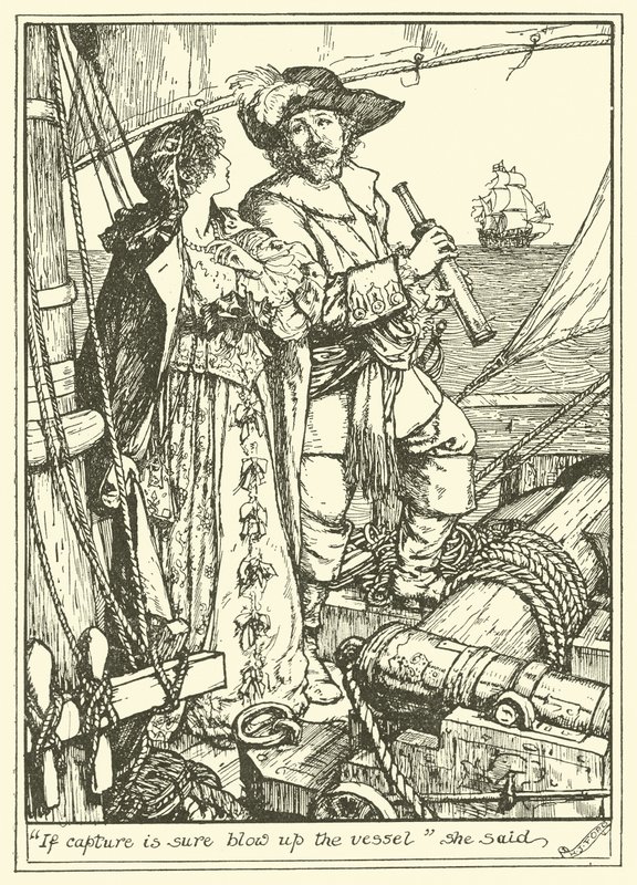 "Als gevangenneming zeker is, blaas het schip op" zei ze (gravure) door Henry Justice Ford