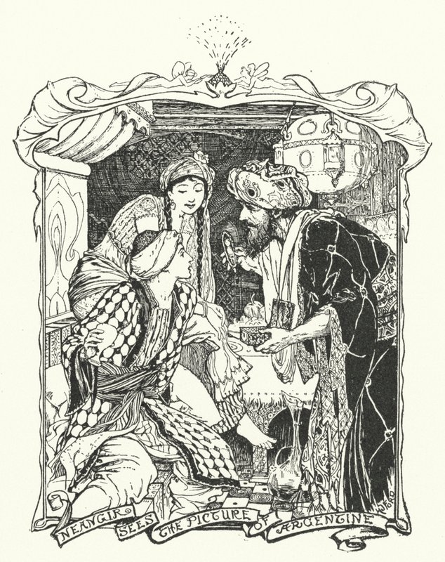 Neangir ziet het portret van Argentine (gravure) door Henry Justice Ford