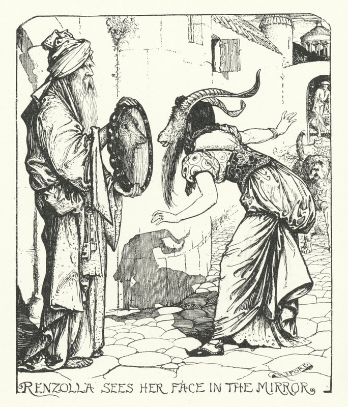 Renzolla Ziet Haar Gezicht in de Spiegel (gravure) door Henry Justice Ford