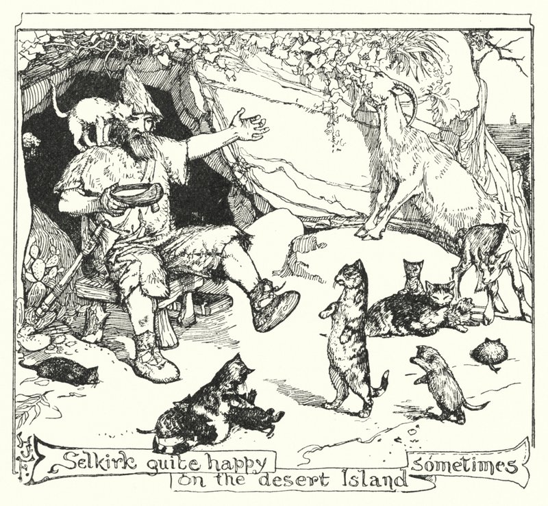 Selkirk soms heel gelukkig op het onbewoonde eiland door Henry Justice Ford