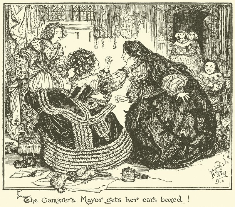 De Camarera Mayor krijgt een oorvijg! (gravure) door Henry Justice Ford