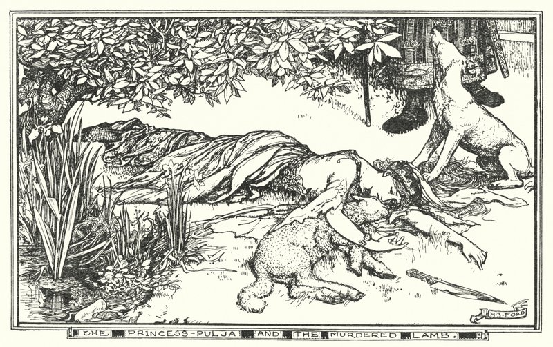 De prinses Pulja en het vermoorde lam (litho) door Henry Justice Ford