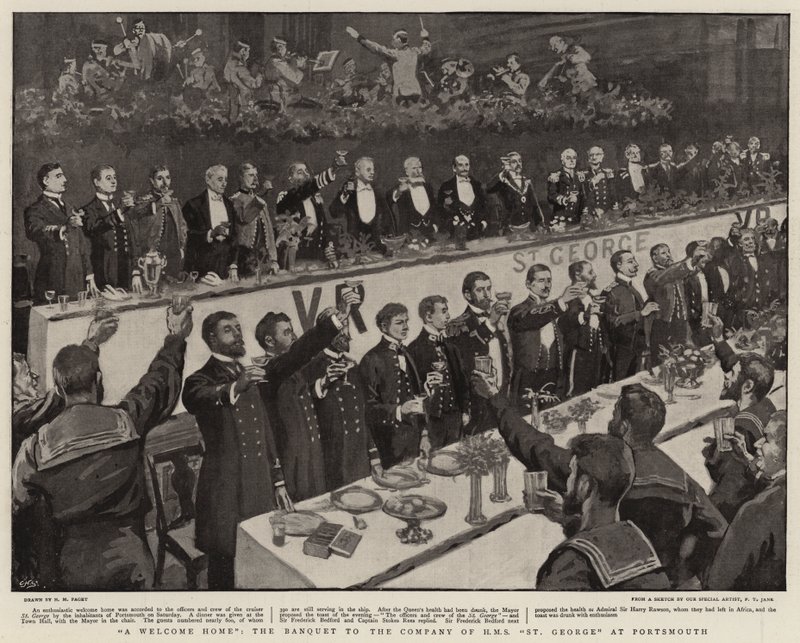 Een warm welkom, het banket voor de bemanning van H.M.S. St. George in Portsmouth door Henry Marriott Paget