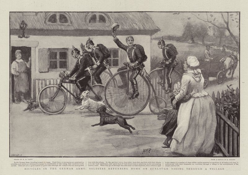 Fietsen in het Duitse Leger, Soldaten keren terug naar Huis met Verlof door een Dorp door Henry Marriott Paget