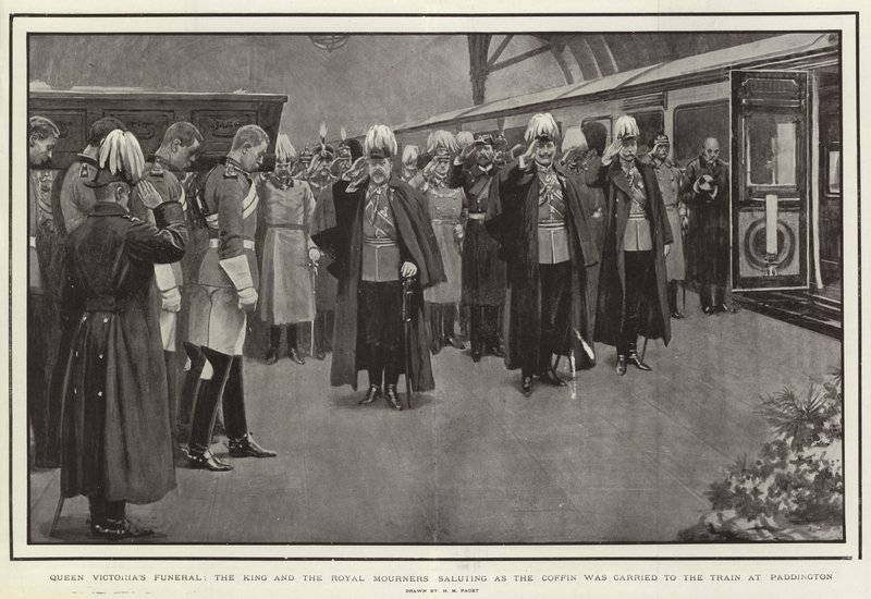 Begrafenis van koningin Victoria, de koning en de koninklijke rouwenden groeten terwijl de kist naar de trein in Paddington werd gedragen door Henry Marriott Paget