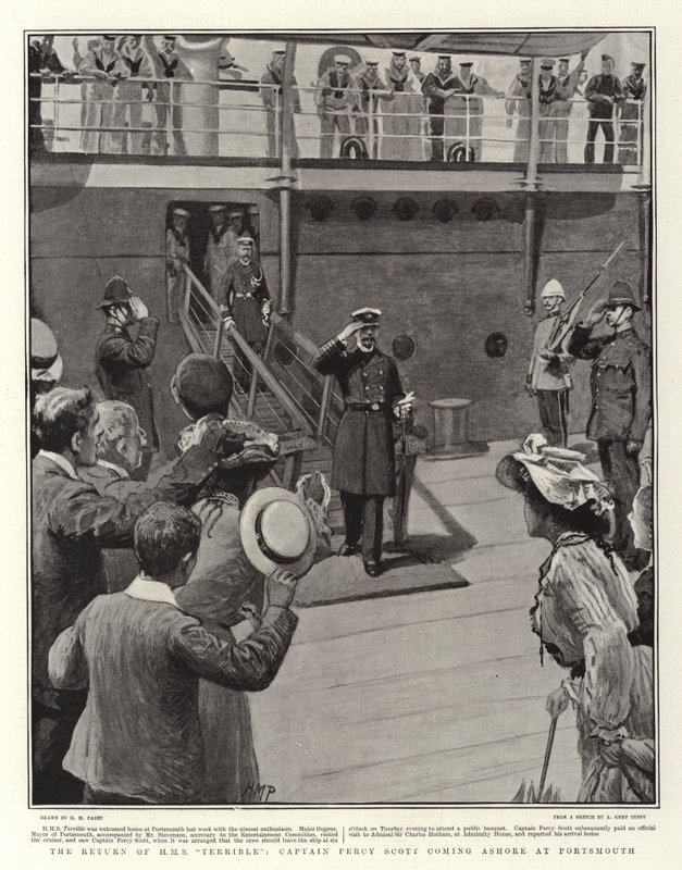 De Terugkeer van H.M.S. Terrible, Kapitein Percy Scott komt aan land in Portsmouth door Henry Marriott Paget
