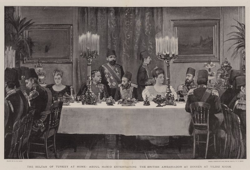 De Sultan van Turkije thuis, Abdul Hamid vermaakt de Britse ambassadeur tijdens het diner in Yildiz Kiosk door Henry Marriott Paget