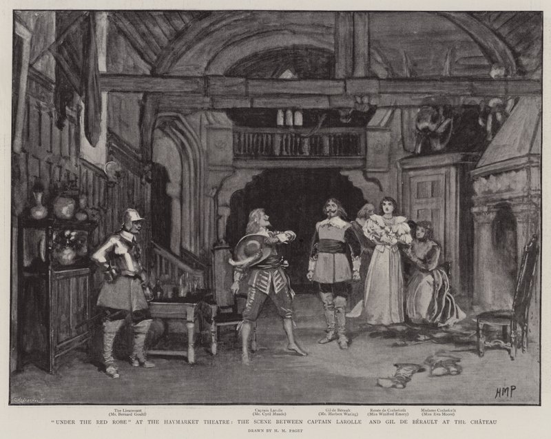 Onder de Rode Mantel in het Haymarket Theatre, de scène tussen Kapitein Larolle en Gil de Berault in het Kasteel door Henry Marriott Paget