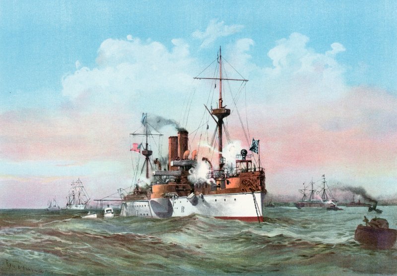 De Maine groet het Spaanse vlaggenschip bij aankomst in de haven van Havana door Henry Reuterdahl