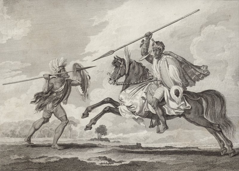 Fit Aurari Zogo die een voetsoldaat aanvalt, Ethiopië door Henry Salt
