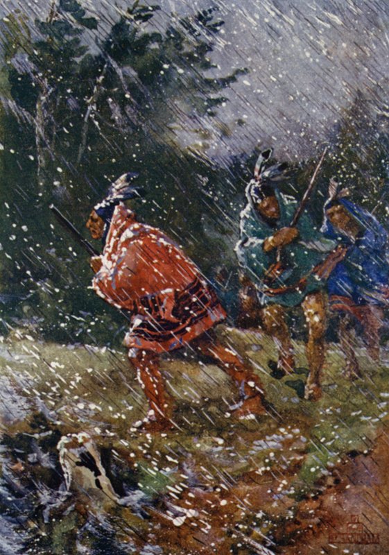 Jagen in slecht weer door Henry Sandham