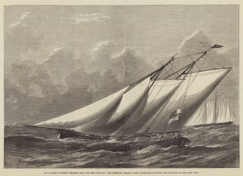 Royal Yacht Squadron Regatta, race om de Town Cup, het jacht Hildegarde van de Prins van Wales rondt de vlaggenboot bij de Lepe-boei door Henry Spernon Tozer
