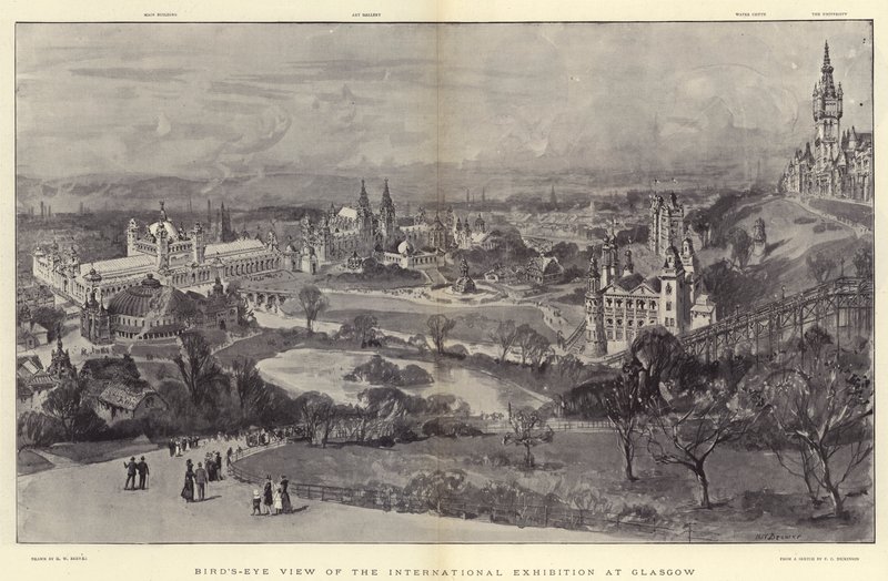 Vogelvlucht van de Internationale Tentoonstelling in Glasgow door Henry William Brewer