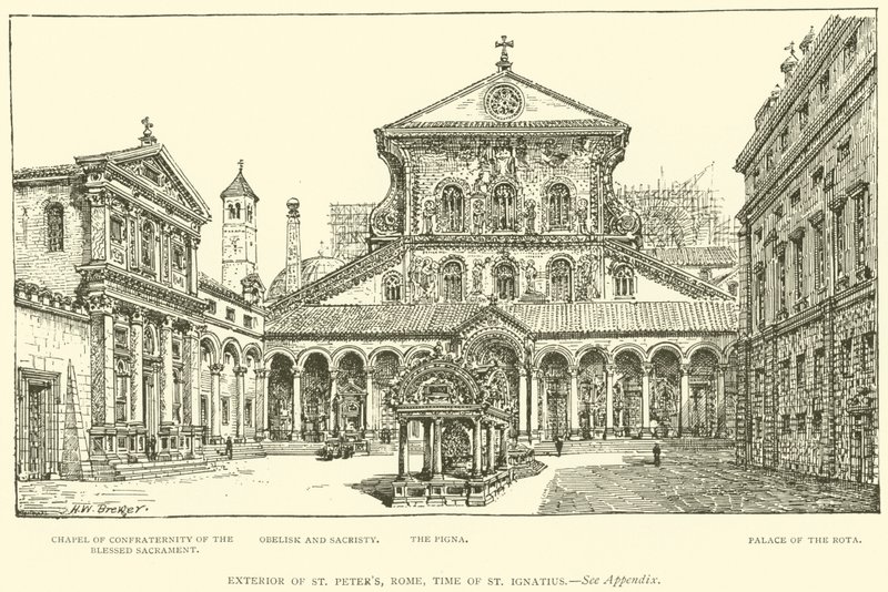 Exterieur van de Sint-Pietersbasiliek, Rome, tijd van St. Ignatius (gravure) door Henry William Brewer