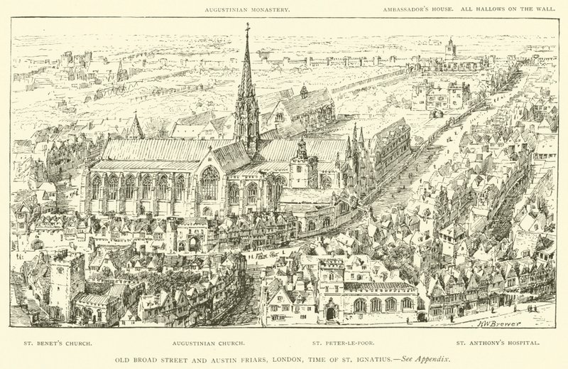Old Broad Street en Austin Friars, Londen, tijd van St. Ignatius (gravure) door Henry William Brewer