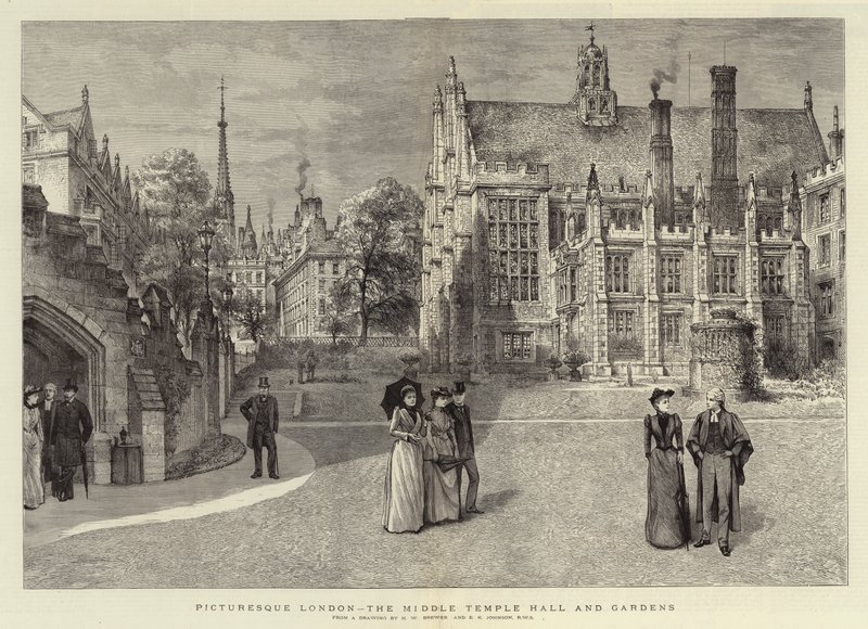 Pittoresk Londen, de Middle Temple Hall en Tuinen door Henry William Brewer