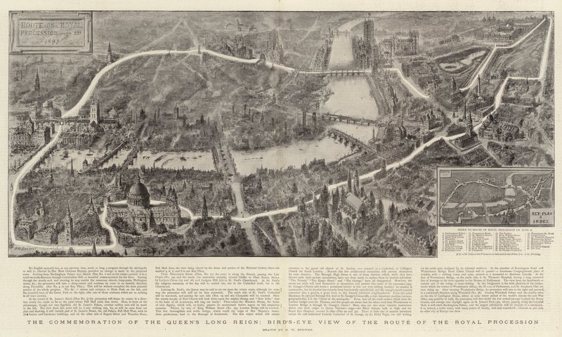 De herdenking van de lange regeerperiode van de koningin, vogelvlucht van de route van de koninklijke processie door Henry William Brewer