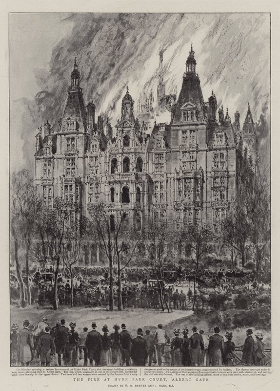 De brand bij Hyde Park Court, Albert Gate door Henry William Brewer