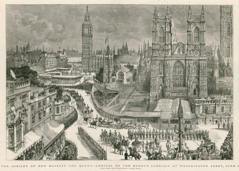 Het jubileum van Hare Majesteit de Koningin - aankomst van de koets van de Koningin bij Westminster Abbey door Henry William Brewer