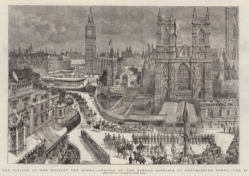 Het jubileum van Hare Majesteit de Koningin, aankomst van de koets van de koningin bij Westminster Abbey, 21 juni door Henry William Brewer