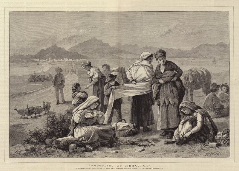 Smokkel in Gibraltar, Contrabandistas die zich voorbereiden om het Spaanse douanekantoor te passeren na het verlaten van Gibraltar door Henry Woods