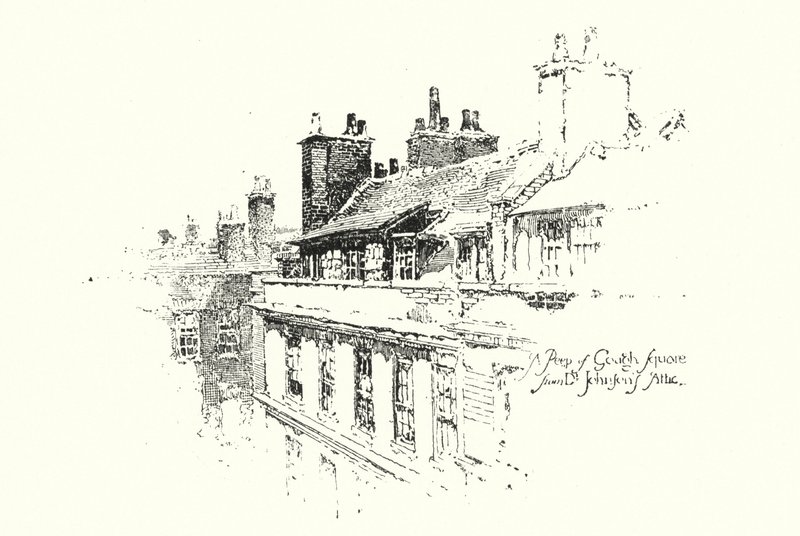 Een blik op Gough Square, Londen, vanuit de zolder van Dr. Johnson door Herbert (after) Railton