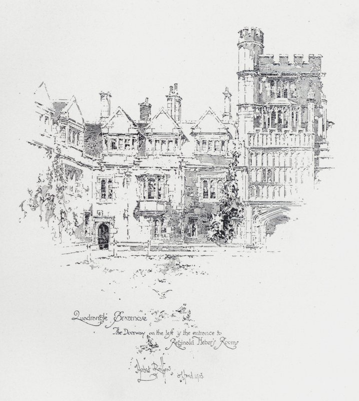 Brasenose College, Oxford, met de ingang naar de kamers van de Engelse geestelijke en schrijver Reginald Heber door Herbert (after) Railton