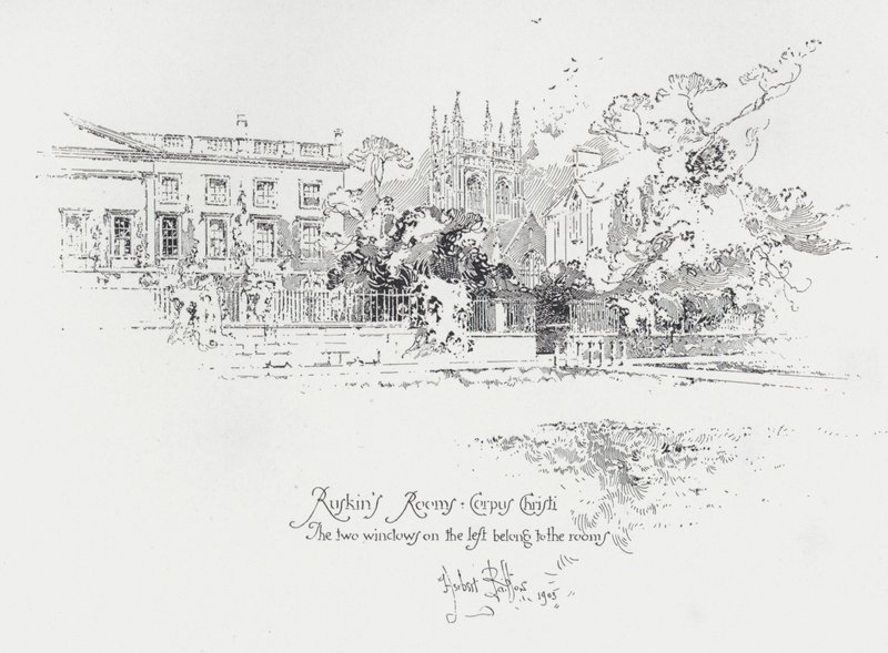 Kamers van Engelse kunstcriticus John Ruskin in Corpus Christi College, Oxford (litho) door Herbert (after) Railton