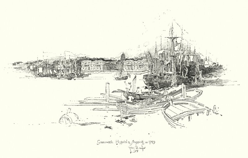 Greenwich Hospital en scheepvaart, in 1749 door Herbert (after) Railton