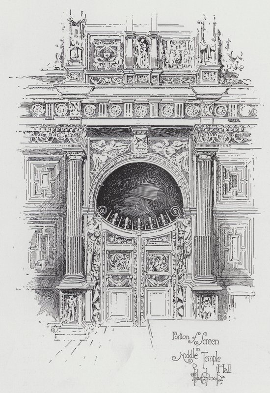 Deel van het scherm in Middle Temple Hall door Herbert (after) Railton