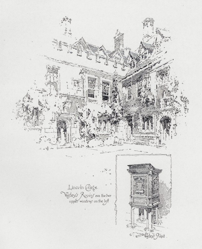 Preekstoel gebruikt door Engelse Methodistische prediker John Wesley en zijn kamers in Lincoln College, Oxford (litho) door Herbert (after) Railton