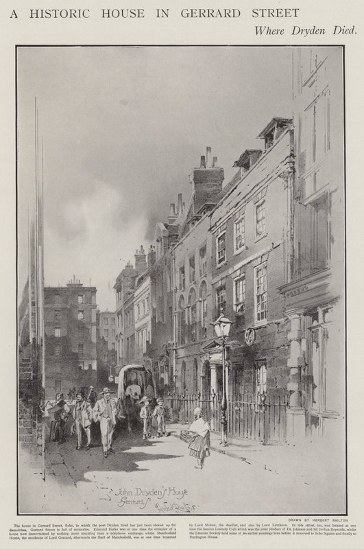 Het huis aan Gerrard Street, Londen, waar de dichter John Dryden stierf in 1700 door Herbert (after) Railton